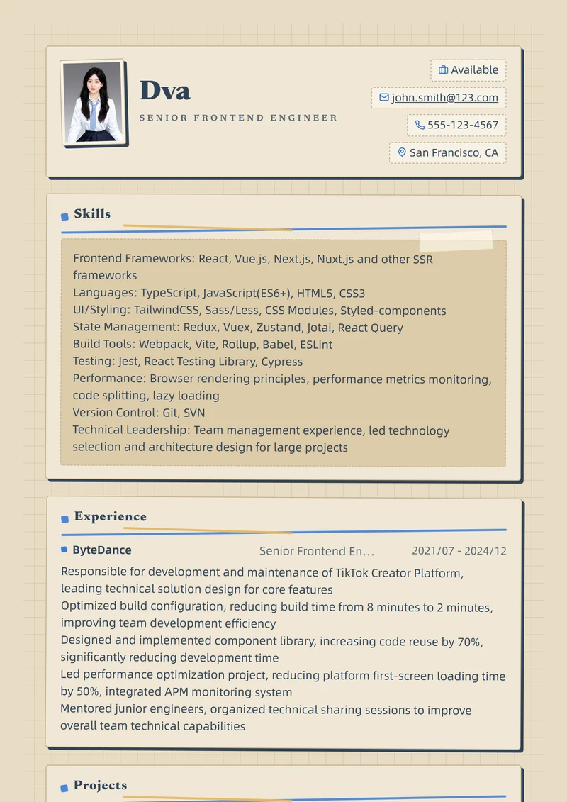 Example resume in the Kraft Sketch template