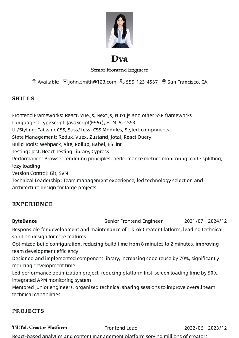 Example resume in the Minimal template